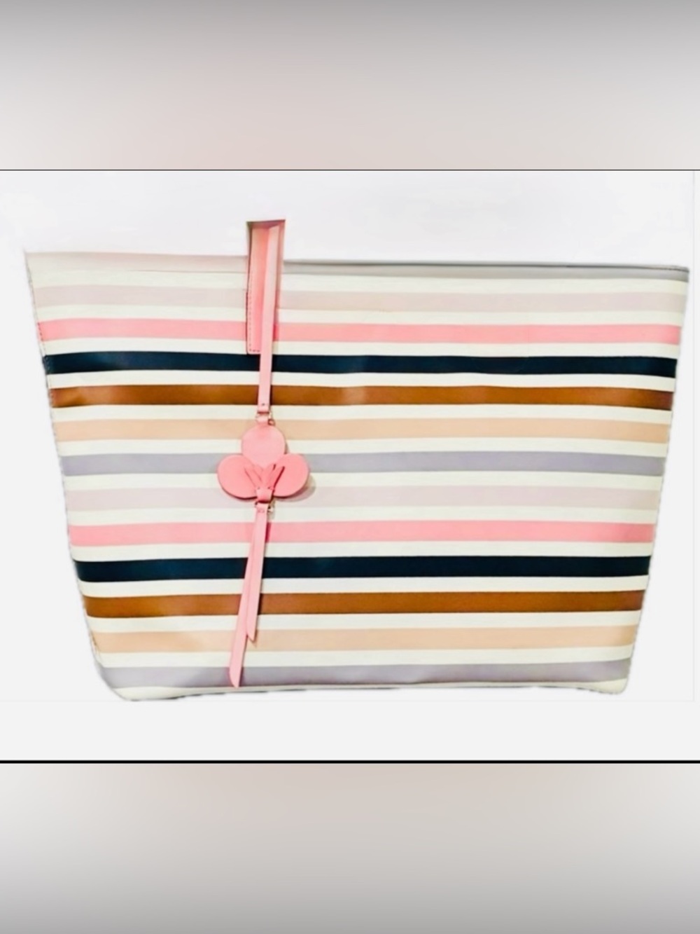Kate Spade Kelsey Pink Multicolor Striped Tote with Signature Floral Dangle EUC!